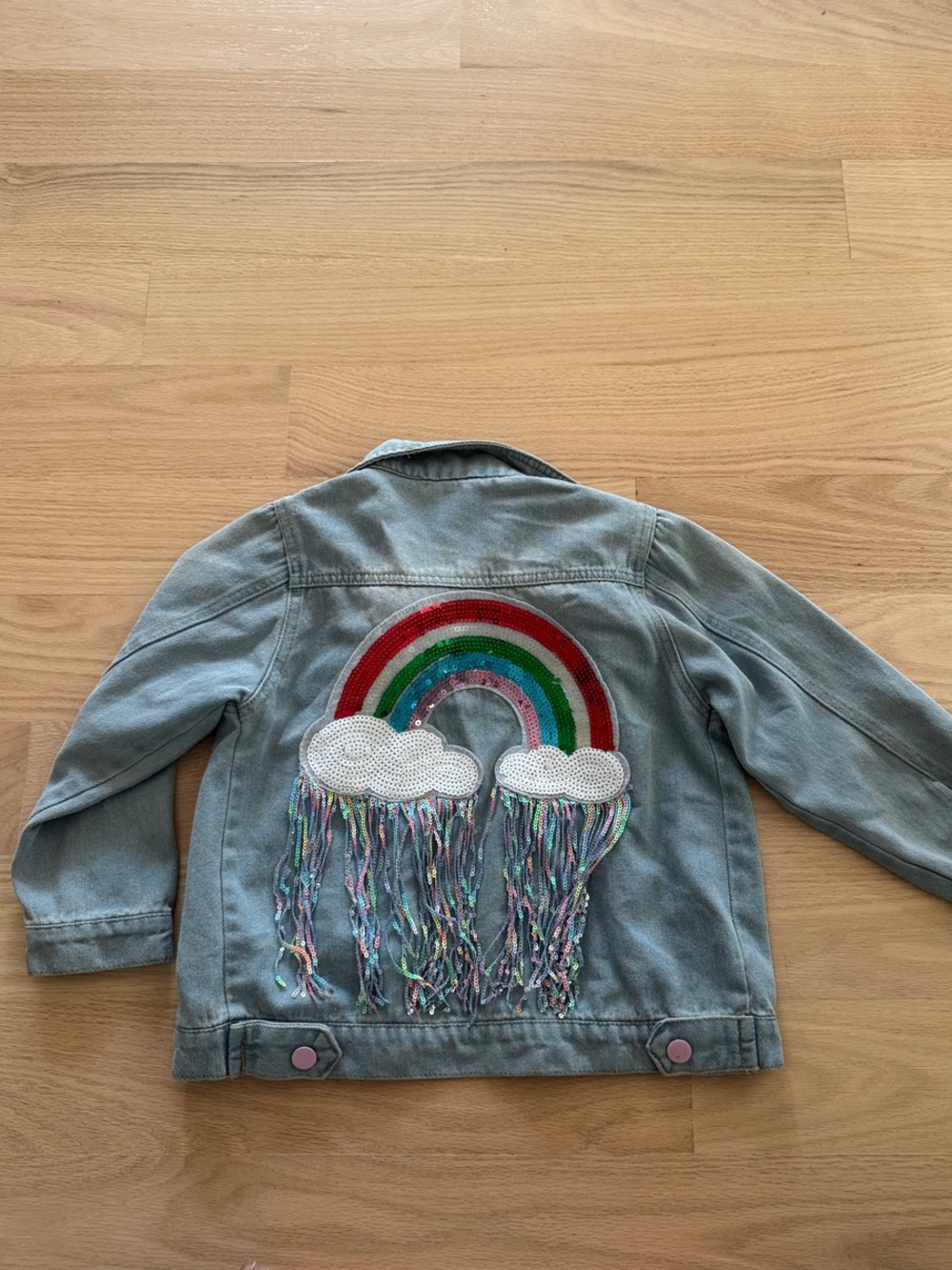 Girls' Light Blue Denim Jacket with Rainbow & Cloud Appliqué